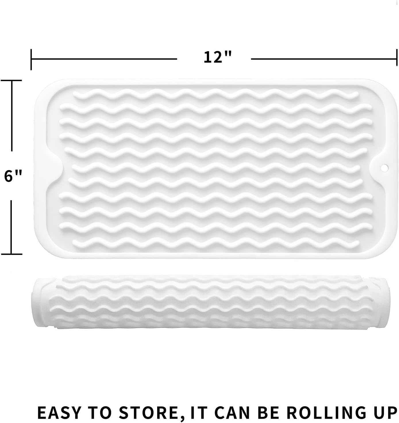 Silicone Dish Drying Mat for Multiple Usage,Easy clean,Eco-friendly,Heat-resistant Silicone Mat for Kitchen Counter or Sink,Refrigerator or Drawer Liner White S 12 inches x 6 inches