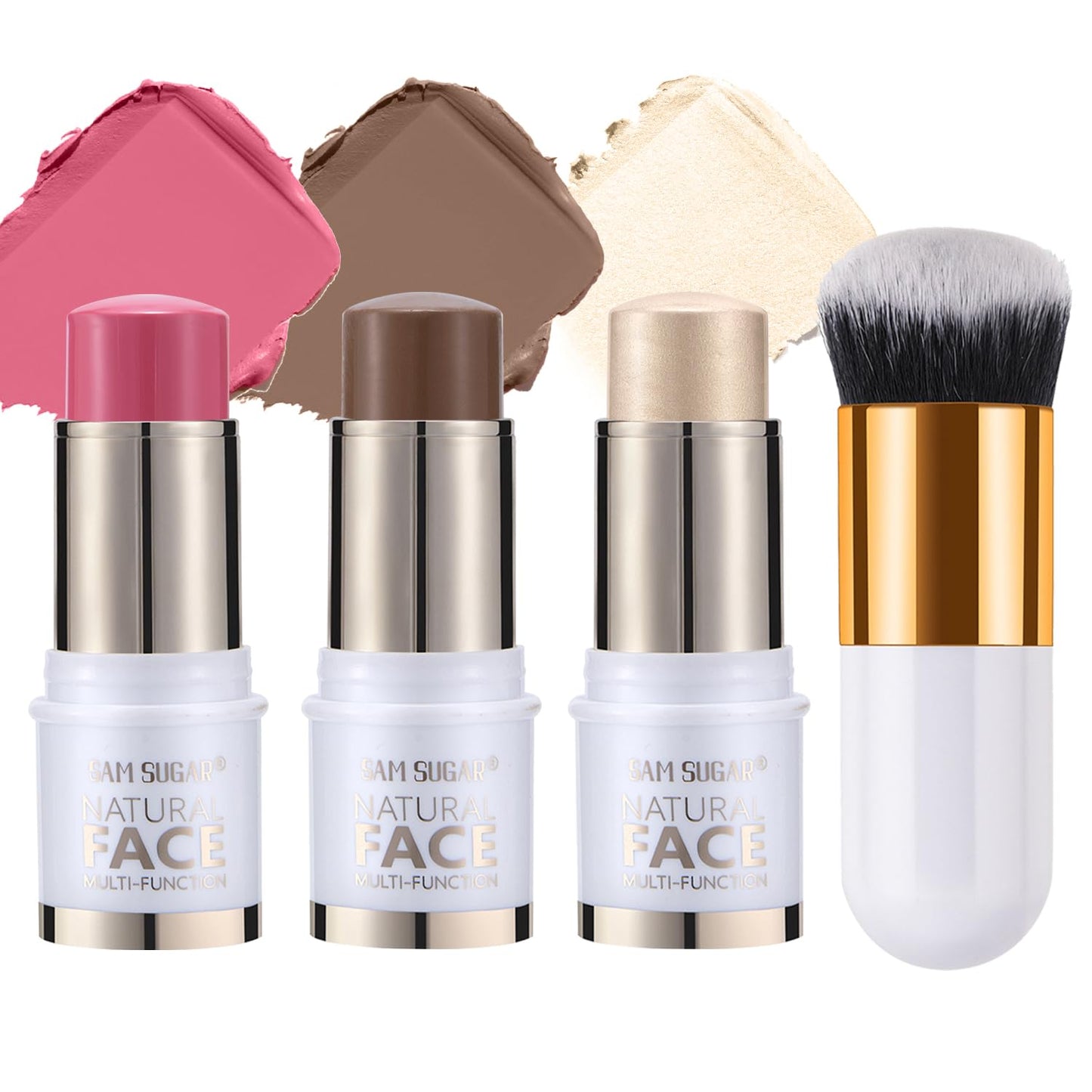 Contour Stick Makeup Kit,3Pcs Bronzer Blush Highlighter Stick Set for Create a Glowing Flawless Look,Non-Greasy Matte Finish Face Stick Trio,Longwear Formula, Include Brush - Medium (#02,05,08)