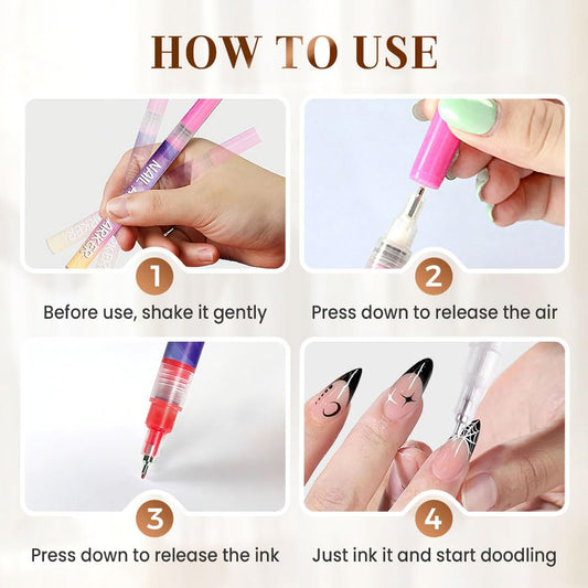12 Colors Nail Art Pens Set, 3D Nail Art Markers Doodle Pen for Kids Adults, Nail Art Tools for Polishing Dotting Painting Liner DIY (1 set)