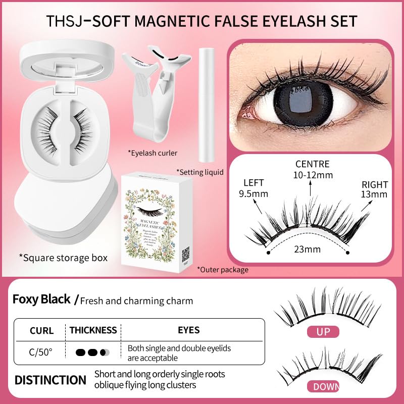 Lumentes Magnetic Eyelashes, Lumentes Magnetic Eyelashes with Applicator, Reusable No Glue Lashes, Natural Look Soft Comfortable Magnetic Lashes, Easy to Wear and Remove (Foxy Black)