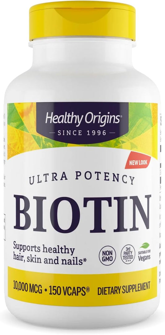 Healthy Origins Biotin 10,000 mcg (USP Grade, Non-GMO, Gluten Free, Hair Support, Nail Support), 150 Veggie Caps