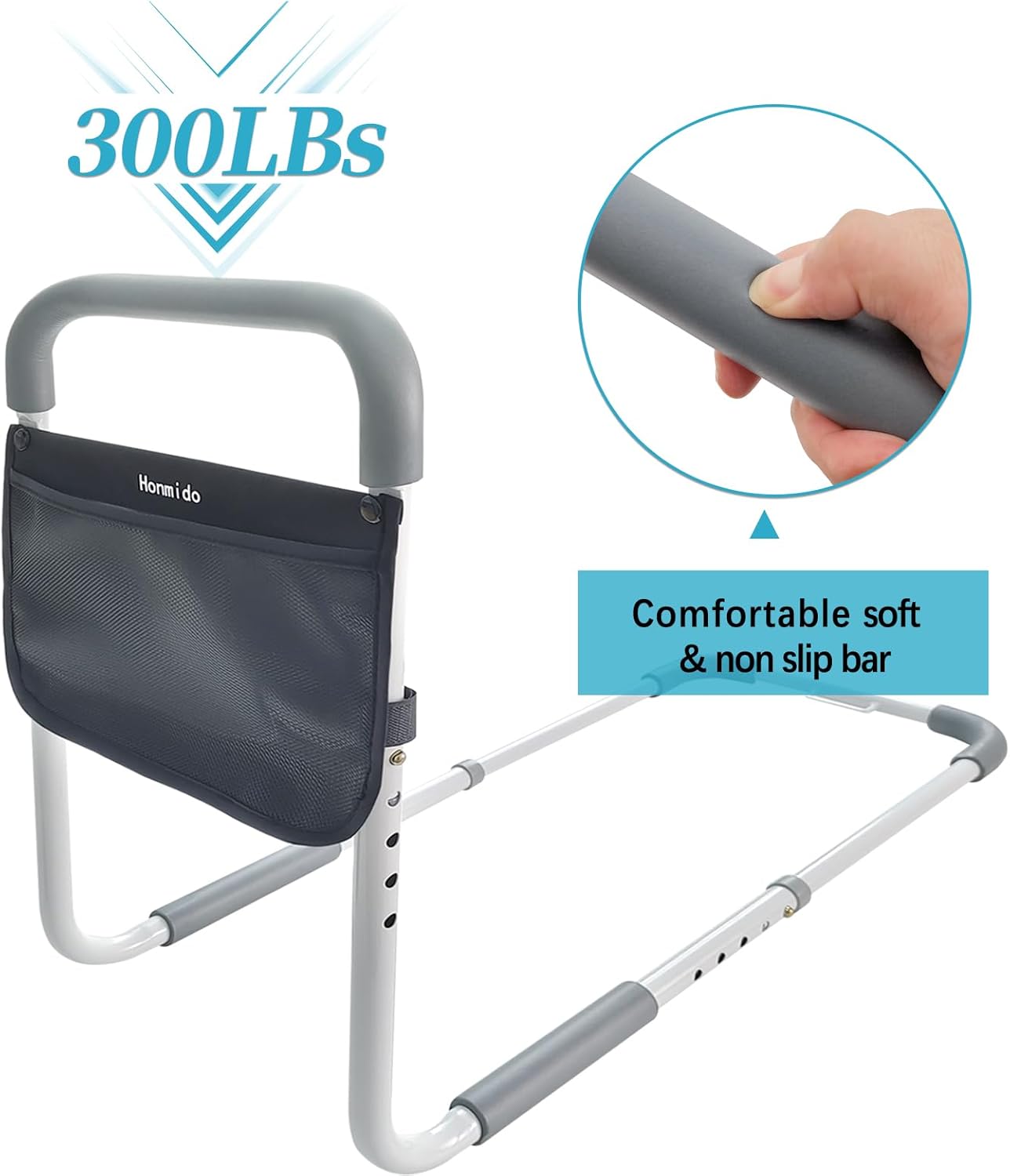 Bed Rails for Elderly Adults Safety Height Adjustable Bed Assist Rail for Seniors Bedside Fall Prevent Grab Bar with Storage Pocket Fits King Queen Full Twin Bed(Light Grey Handle)