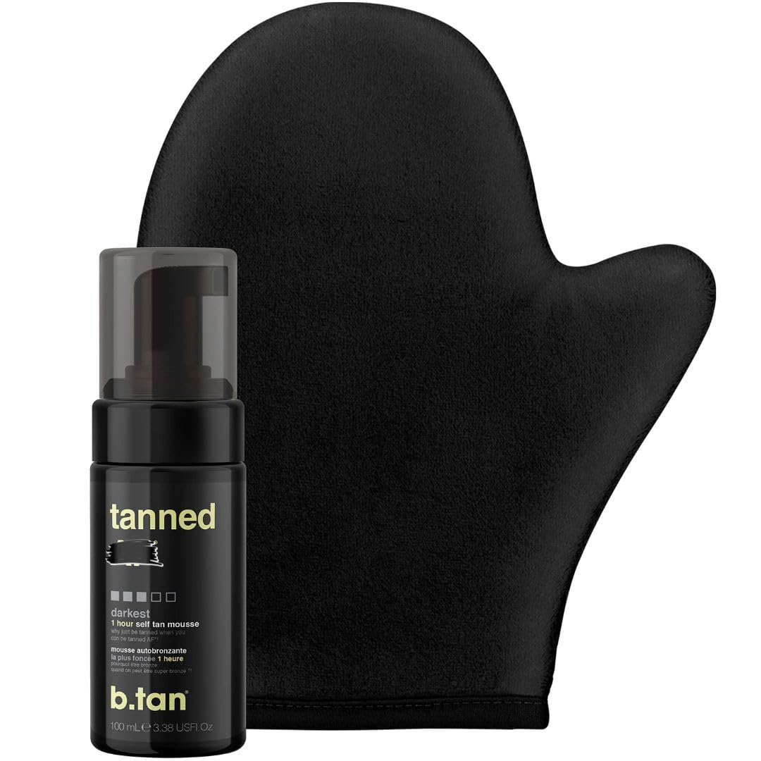 b.tan Dark Self Tanner Mini Kit | Get Tanned Travel Bundle - Mini Dark Self Tanner Mousse with Self Tanning Mitt Applicator, 1 Hour Sunless Tanner, Fast Self Tan, Vegan, Cruelty Free, 3 Fl Oz