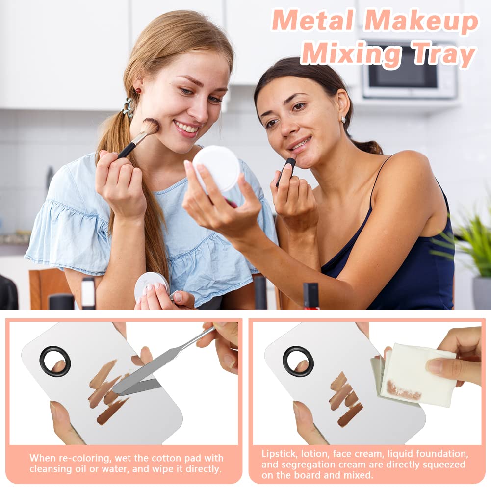 3PCS Makeup Mixing Palette, Stainless Steel Cosmetic Makeup Palette With Spatula Makeup Artist Tool, Professional Cosmetic Mixing Makeup Palette For Mixing Eye Shadow/Eyelash/Nail Art/Foundation