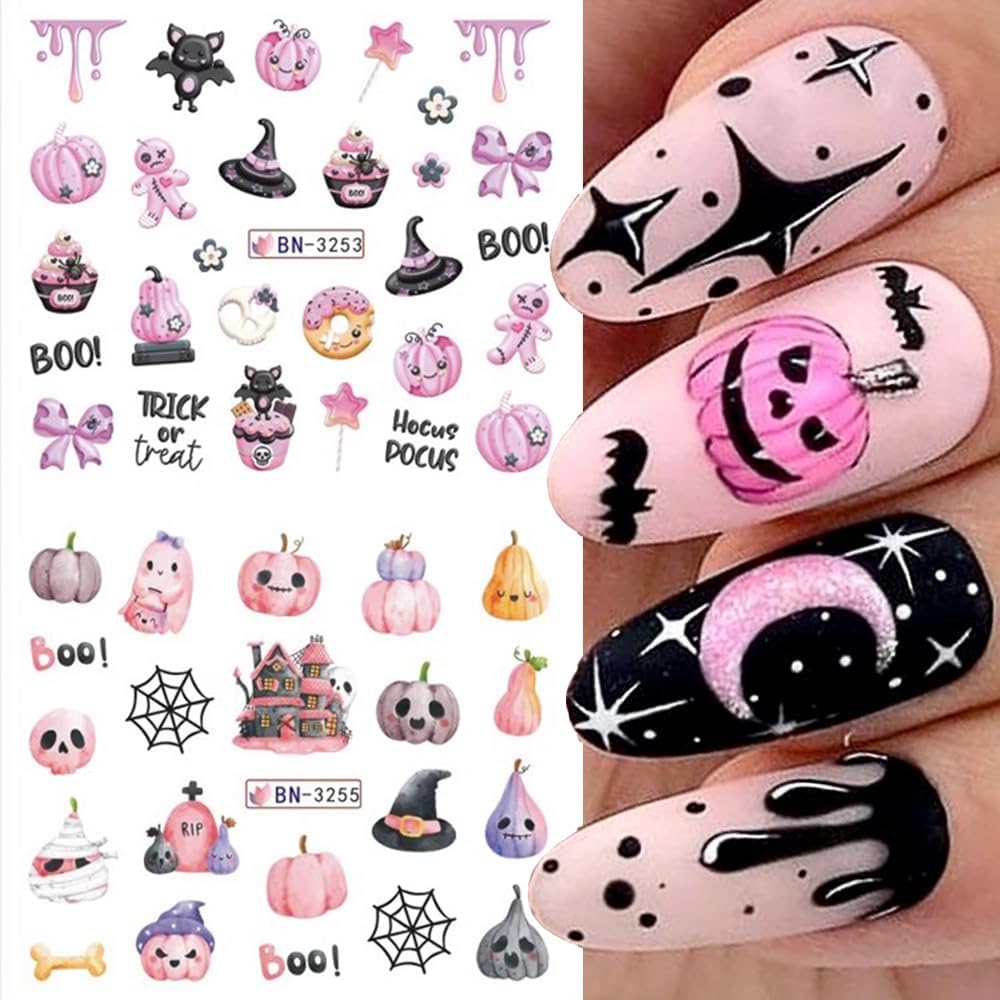 Halloween Pumpkin Nail Art Stickers Decals, 12Pcs Cute Ghost Skeleton Bat Pattern Water Transfer Nail Foils Decals for Halloween Nail Art Decoration Watermark Acrylic Stickers for Manicure DIY Supply