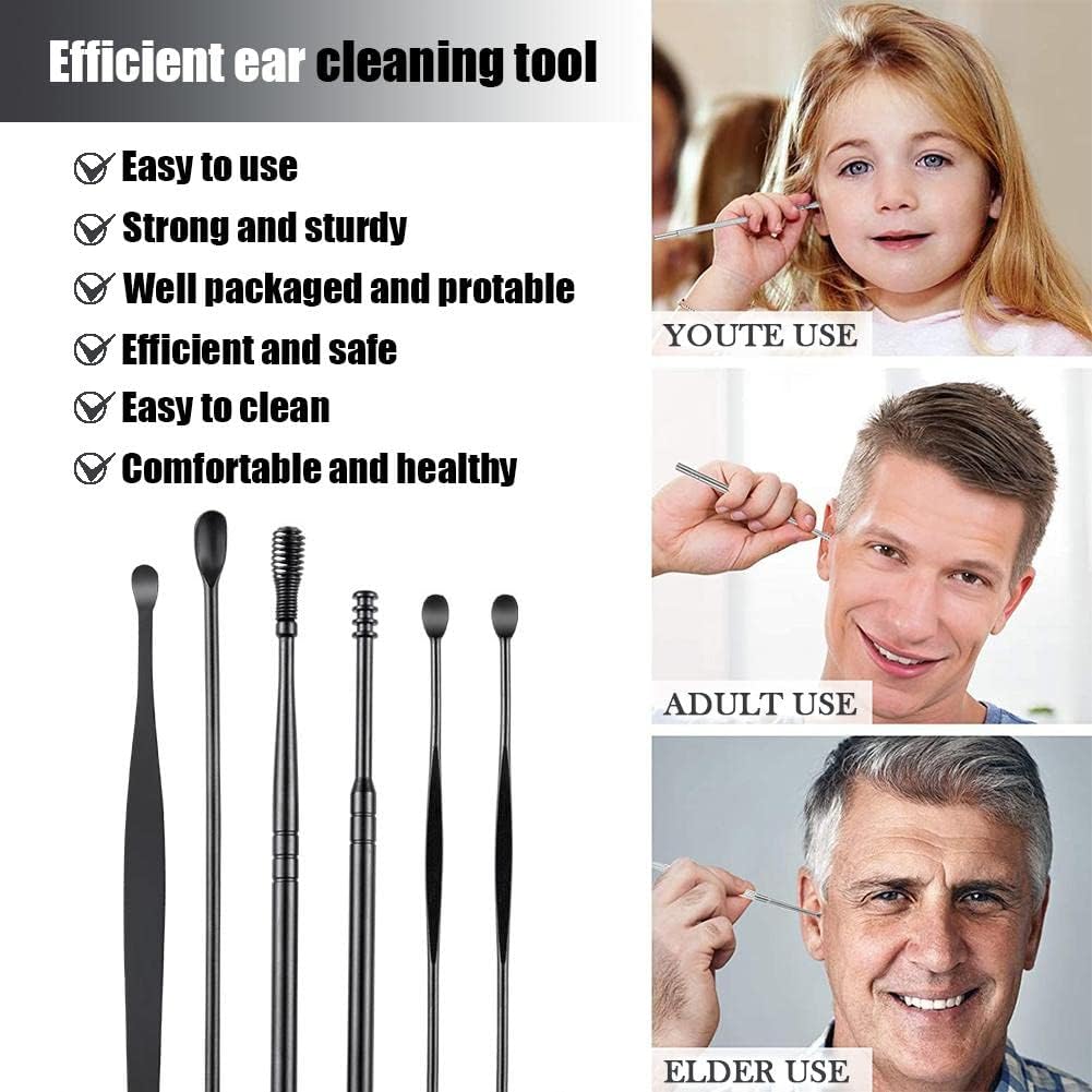 Spring Ear Cleaning Tool Kit - Contains 6 Pieces of Adult Spiral Ear Wax Remover, Ear Picker, Ear Wax Remover, Etc. -Ear Wax Removal Kit with Housing - Black