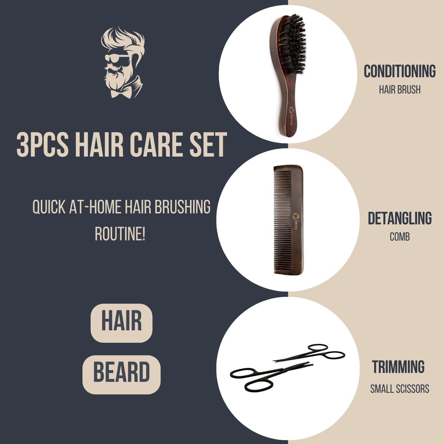 Boar Bristle Hair Brush Set for Men- Wooden Beard & Wave Brush+Bamboo Fine Tooth and Wide Tooth Comb+Small Grooming Scissors for Eyebrow, Nose Hair, Mustache.