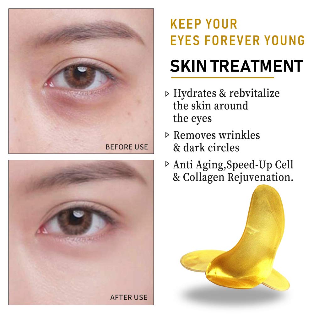 24K Gold Powder Gel Collagen Eye Masks Sheet Patch, Remove Bags,Dark Circles &Puffiness,Reduce Wrinkle,Moisturising,Hydrating for Blackheads (10 Pairs)