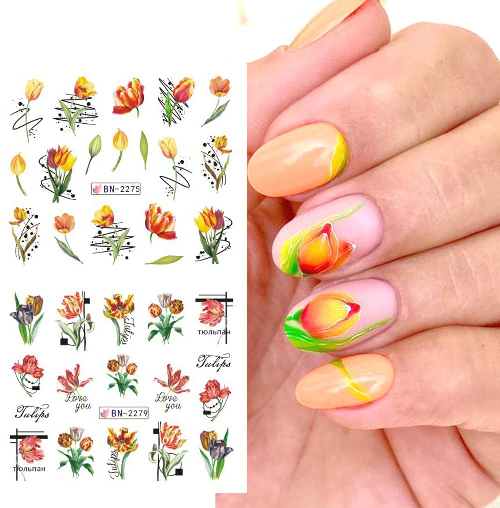 Flowers Nail Art Stickers Decals Tulip Floral Leaf Watercolor Nail Art Decals Transfer Foils for Nails Supply Butterfly Flowers Designs Nail Tattoo Sliders for Women DIY Manicure Nail Decoration 12PCS