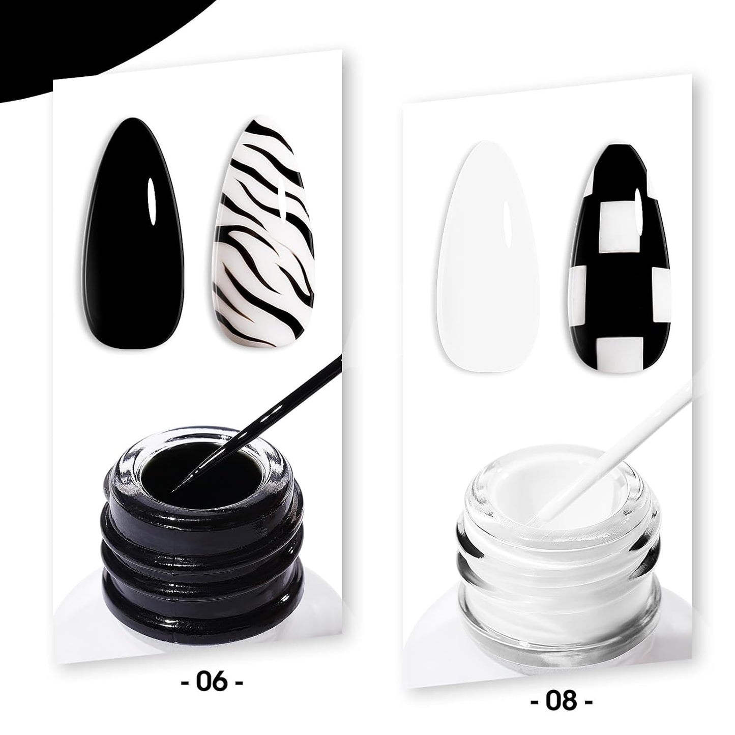 GELLEN 2 Pcs 10ml Black White Liner Gel Nail Polish, Classic Soak off Nail Lamp Nail Art Paint Gel with Thin Nail Art Brush for Euphoria Nail French Manicure