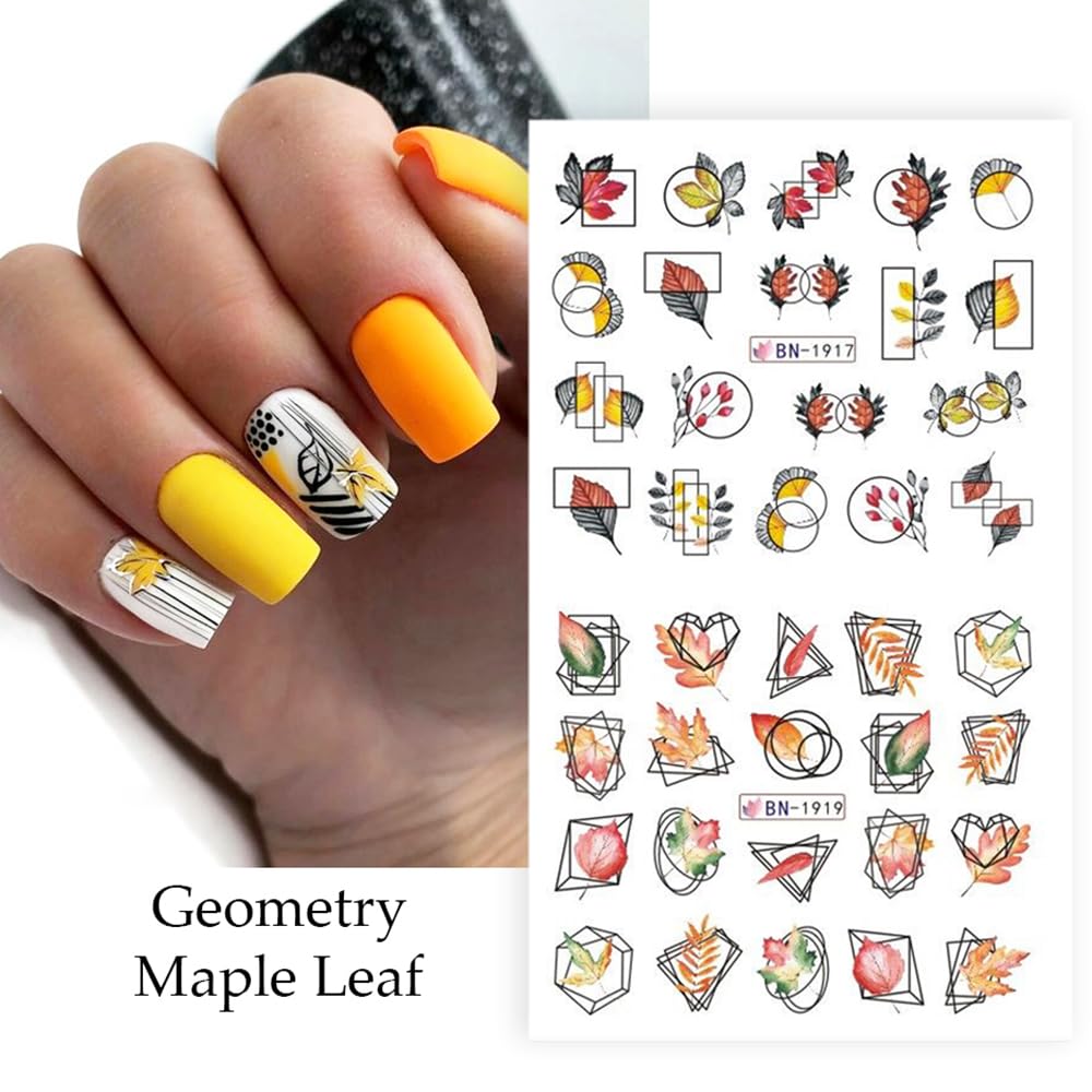 Fall Nail Art Stickers Maple Leaf Water Transfer Nail Decals Nail Supplies Autumn Maple Leaves Pumpkin Turkey Fox Design Watermark Nail Art Decorations Thanksgiving Day Stickers Manicure Tips 12Pcs