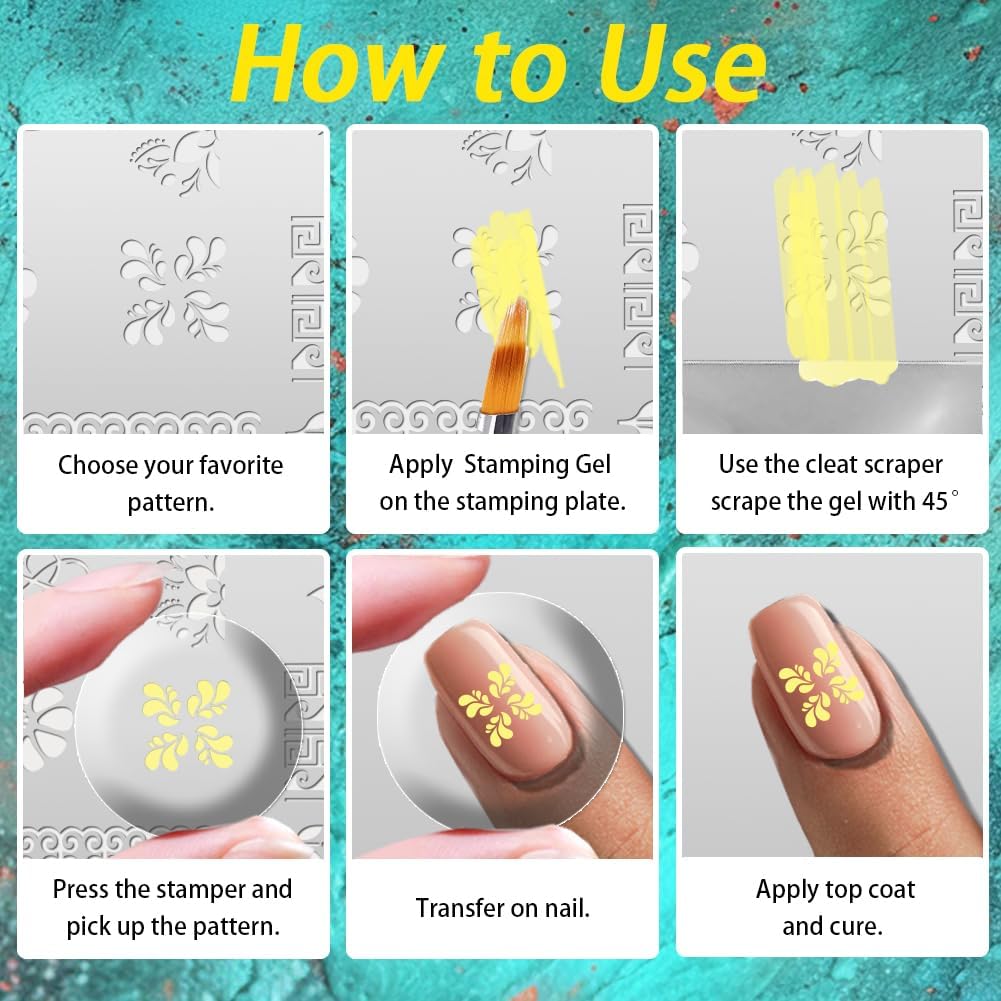 3Pcs Traditional Chinese Style Nail Stamping Plate Set Bamboo Floral Steel Nail Stamp Templates Clear Silicone Nails Stamping with Stamper Scraper for Manicure Printing