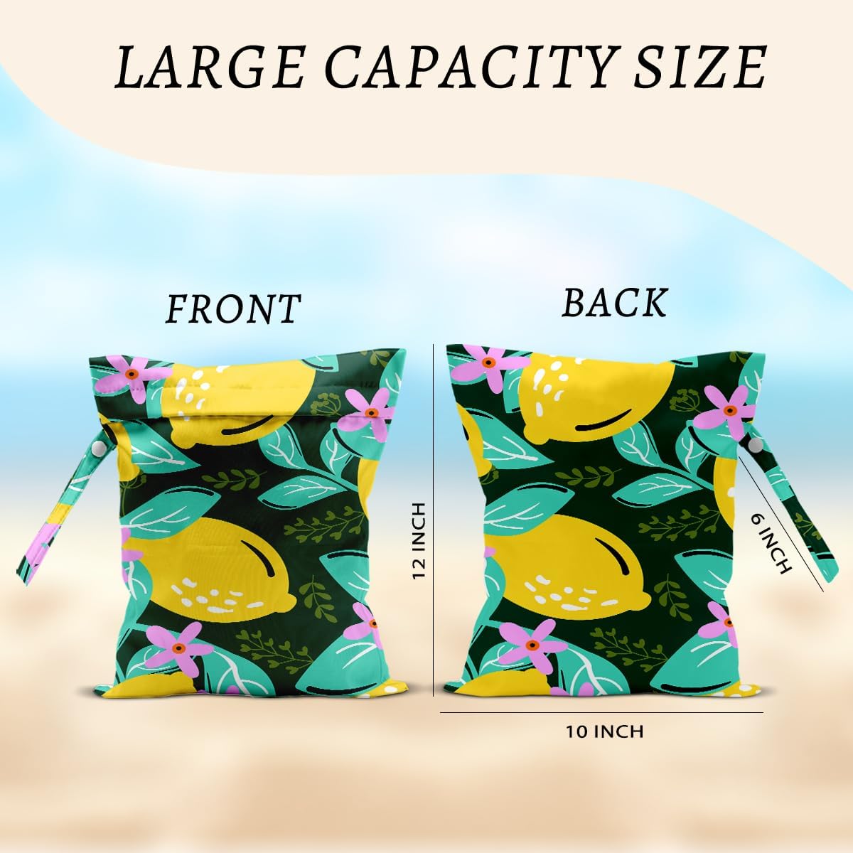 Lemon Wet Bags 12x10 Inch, Summer Flowers Waterproof Travel Laundry Bags, Washable Reusable Wet Dry Bag for Swimsuit Pool Beach Diapers Dirty Yoga Gym Clothes, Lemon Gifts for Women Friend Travelers