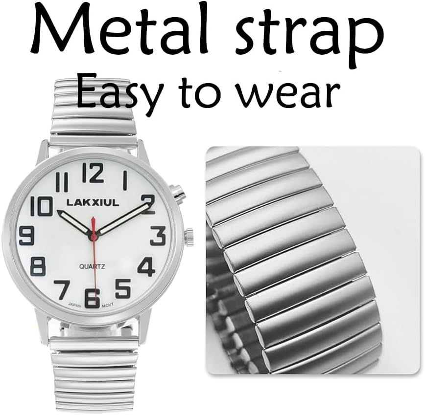 English Talking Watch with Large Numbers, Time-Date Announcement, Stainless Steel Telescopic Strap, Alarm Clock