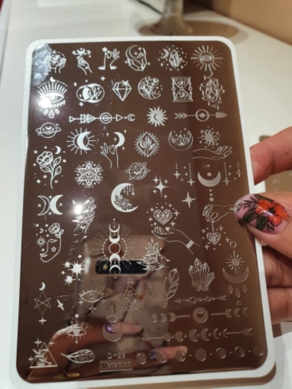2pcs Large Abstract Face Galaxy Nail Stamping Plates Line Girl Face Pictures Stencil Moon Star Space Nail Picture Design Stamp Templates Mix Flower Leaf Starry Sky Stainless Steel Nail Art Image Plate