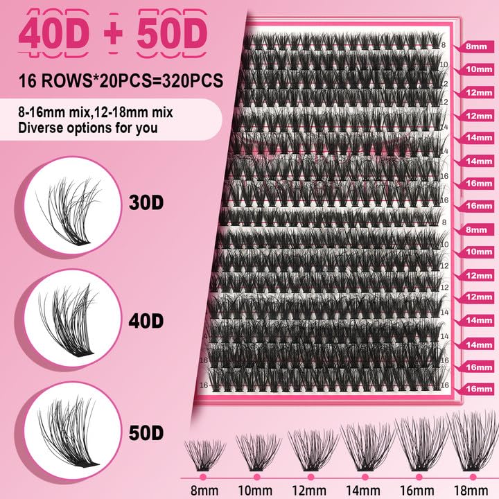 Lash CIusters 320Pcs Individual Lashes 3D Fluffy Cluster Lashes Natural Look Eyelash Clusters Faux Mink Wispy Lashes 40D+50D-C Mixed DIY Lash Extension (3D Fluffy-40D+50D-C,8-16mix)