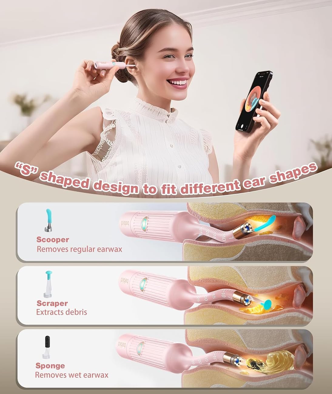 Ear Wax Removal Tool Camera, HD Visual Ear Cleaner with Flexible Otoscope & S-Shaped Silicone Head,WiFi Earwax Remover Kit with Tweezers, 21-in-1 Set for Family, Adults/Kids, Home & Travel