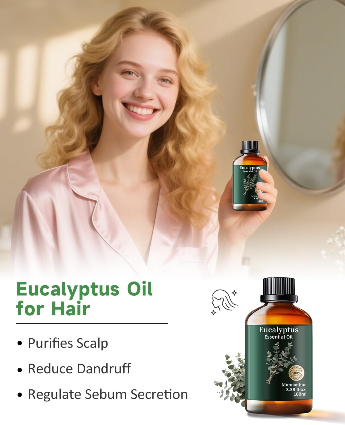 Eucalyptus Essential Oil Pure Mumianhua Natural Eucalyptus Oil for Diffuser, Face, Skin Care, Aromatherapy, Hair Care, Scalp and Body Massage,Spray Candle Making 3.38 Fl Oz