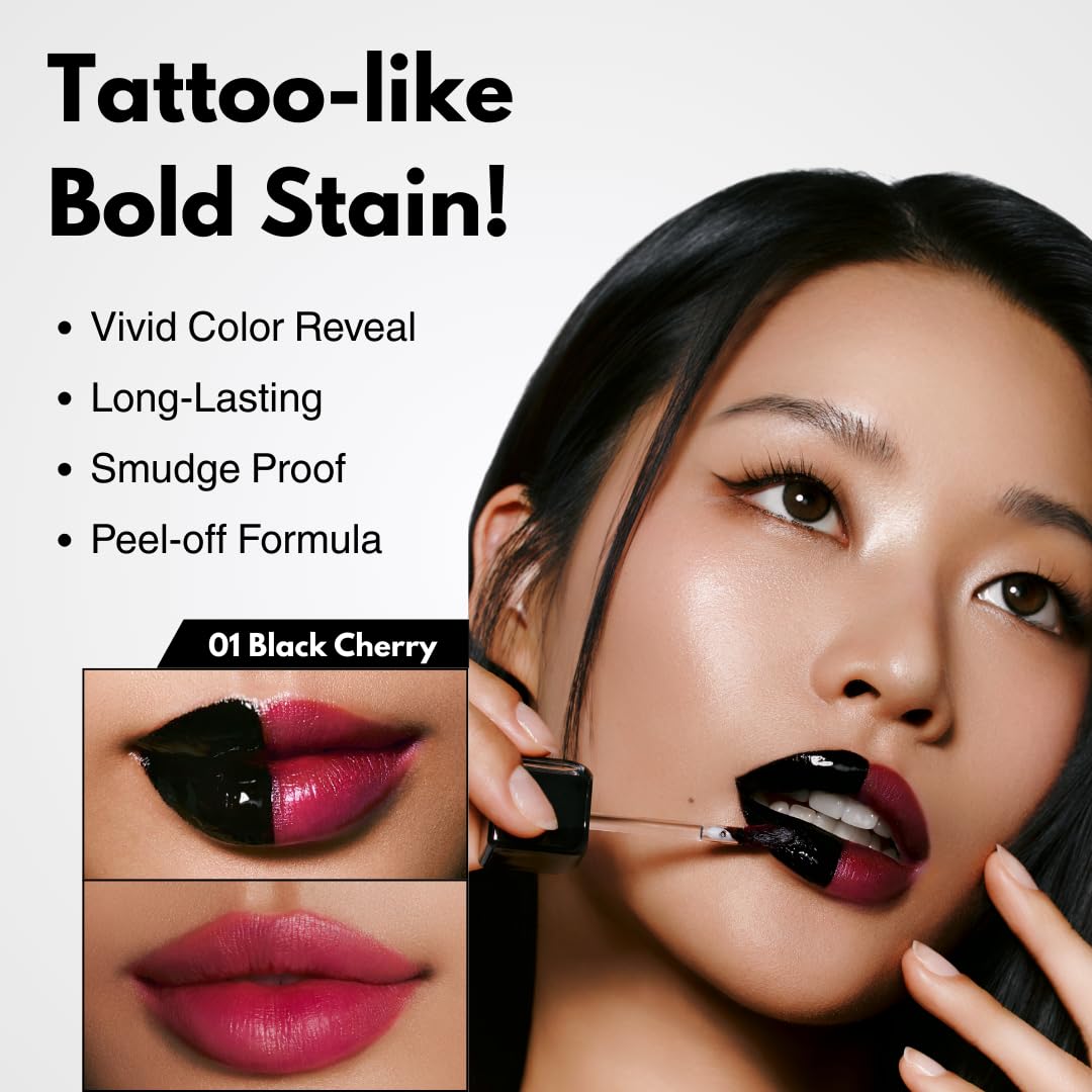 MILKTOUCH Black Peel Off Lip Tattoo - Long-Lasting Matte Lip, Waterproof & Transfer-Proof, Highly Pigmented, Stay-On-All-Day Lip Tint Stain (4.5g) #01 Black Cherry