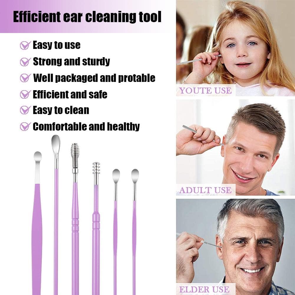 6 Pcs Ear Pick Ear wax Removal Kit Cleansing Tool Set Curette Cleaner 360° Spiral Design Canal Cleaner Stainless Steel,with a Storage Box Portable Kit for Home and Travel(Purple) 11.7*2.8*2cm
