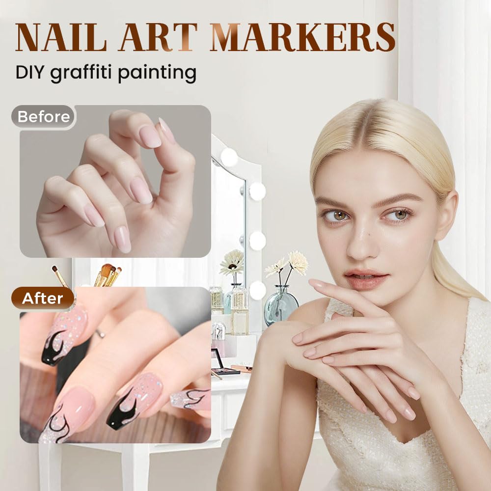 Nail Markers, 12 Colors Nail Art Pens Set Nails Art Markers Polish Pen for 3D Nail Art, Nails Arts Tools for Graffiti Dotting Drawing Painting Point Liner DIY Kit Home Nail Salon DIY (1 Set 12Color)