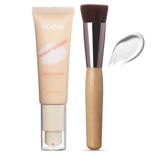 UCANBE White Liquid Foundation with Brush, Skincare Serum Foundation Face Makeup with Hyaluronic Acid, Medium to Medium to Full Coverage Waterproof Oil Control Longwear, for Mature Skin, 1 fl. oz.