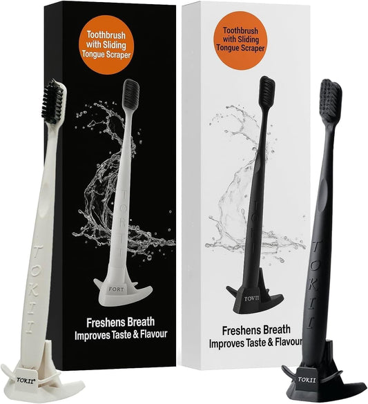 TOKII Tongue Scraper Cleaner Charcoal Bristles Toothbrush for Bad Breath with Waterproof Pouch for Travel, Hygienic Stand and Enviromentally Friendly Black & White, 1 Count (Pack of 4)