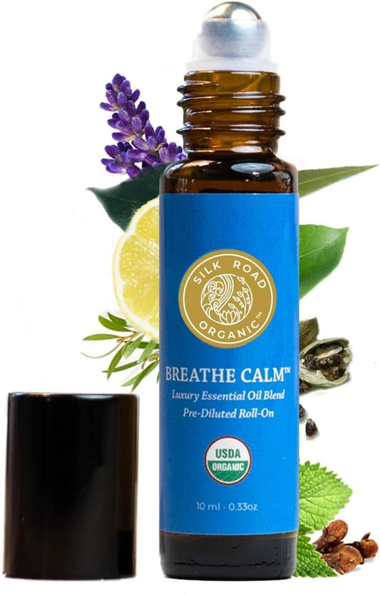 Silk Road Organic Breathe Calm Essential Oil Breathe Easy Blend Roll On, 100% Pure USDA Certified Aromatherapy for Cold, Cough, Congestion, Allergy Relief, & Wellness - 10 ml Roller