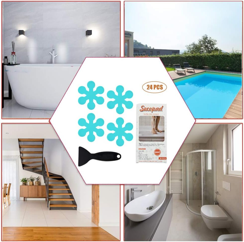 Bathtub Stickers Non-Slip, 24 PCS Safety Shower Treads Adhesive Appliques with Premium Scraper (Blue)