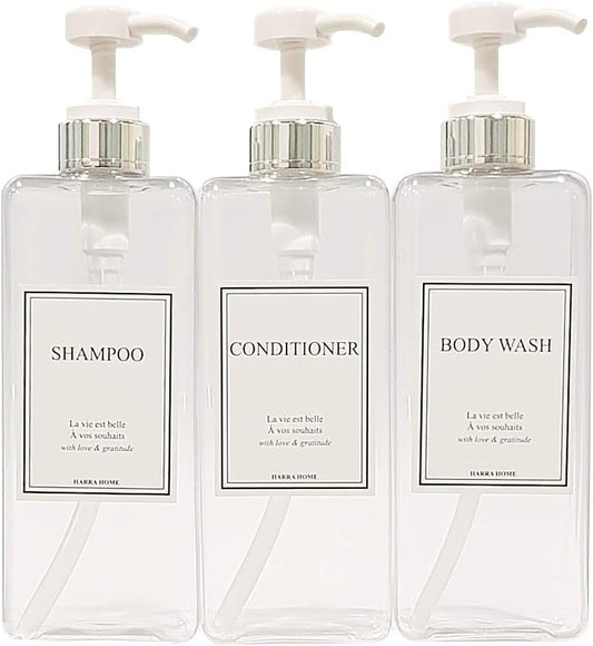 Modern Design Large 27 oz Shampoo and Conditioner Dispensers - Empty Plastic Refillable Pump Bottle Set for Bathroom Shower Soap Dispenser, Set of 3 (Clear & Silver)