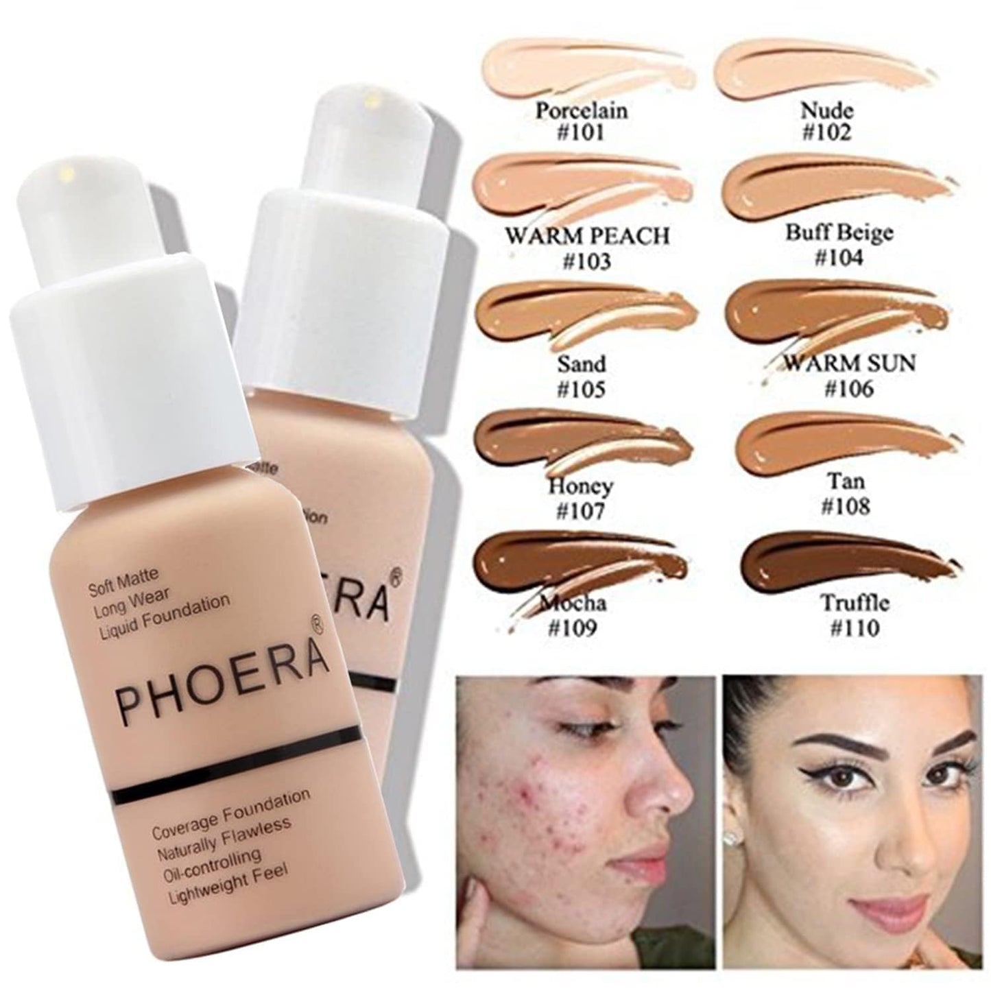PHOERA Foundation, PHOERA Matte Liquid Foundation,PHOERA Makeup for Women, PHOERA Foundation Full Coverage Concealer, 30ml 24HR Matte Oil Control Concealer (102+103/ Nude+ Warm peach)