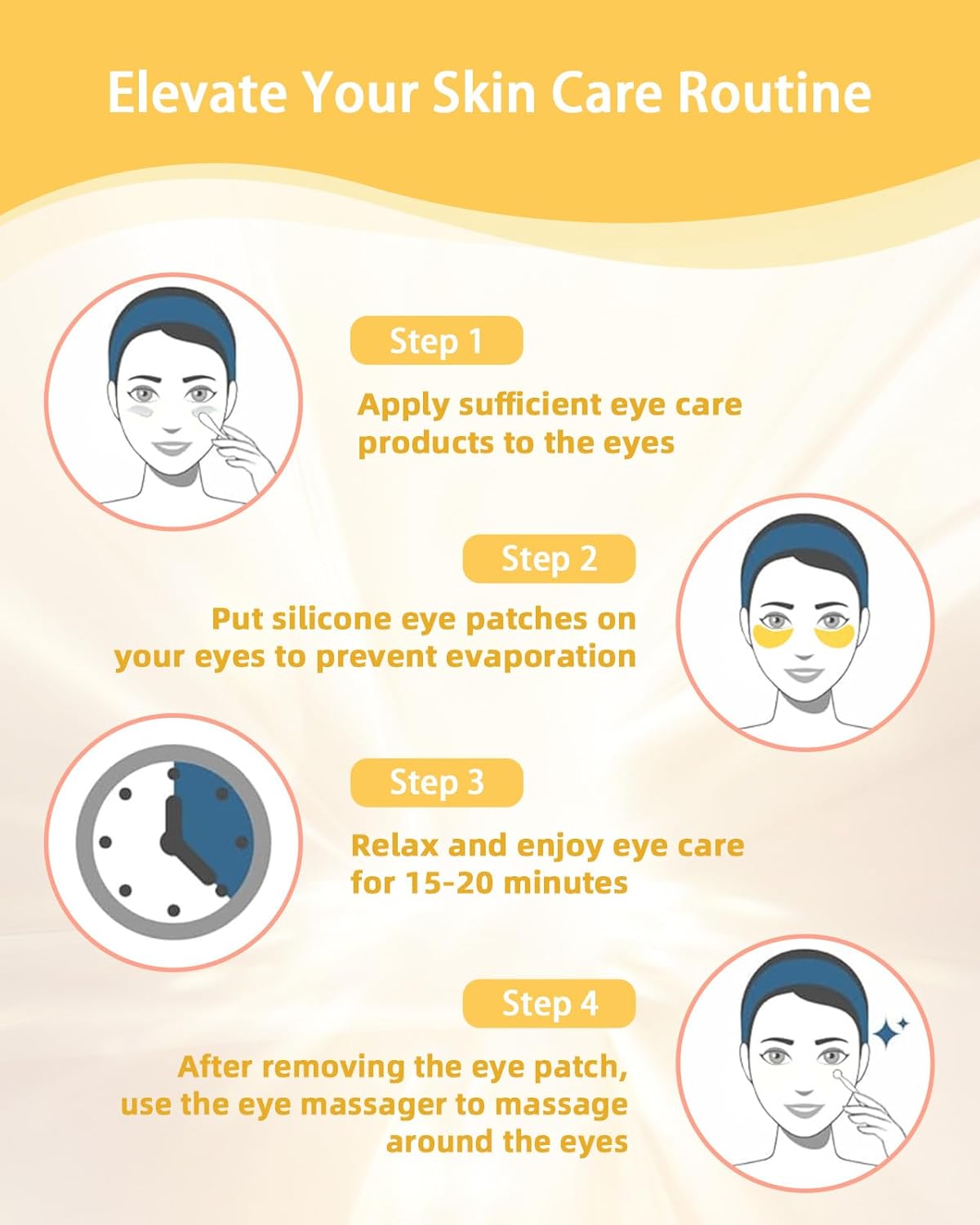 Under Eye Patches Silicone - 2 Pairs Reusable Eye Patches, Eye Wrinkle Patches, Reusable Under Eye Mask, Plump Fine Lines & Wrinkles, with Metal Eye Cream Applicator, Tin Case, Gold