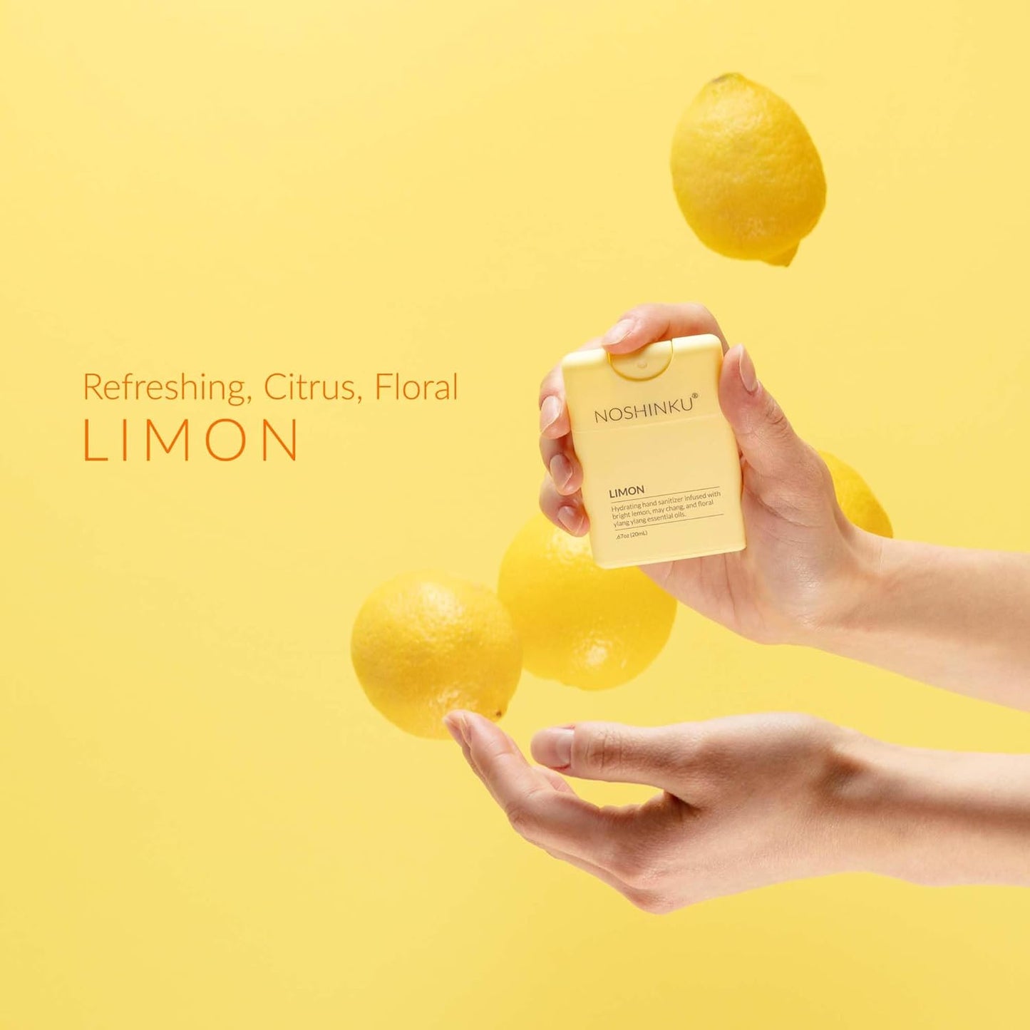 Noshinku - Refillable Hand Sanitizer Limon 3-Pack, Travel Size Spray with Hydrating Botanical Oils, Natural Ingredients, All Natural Fragrances, Sugarcane Derived Alcohol, No Parabens, No Dyes