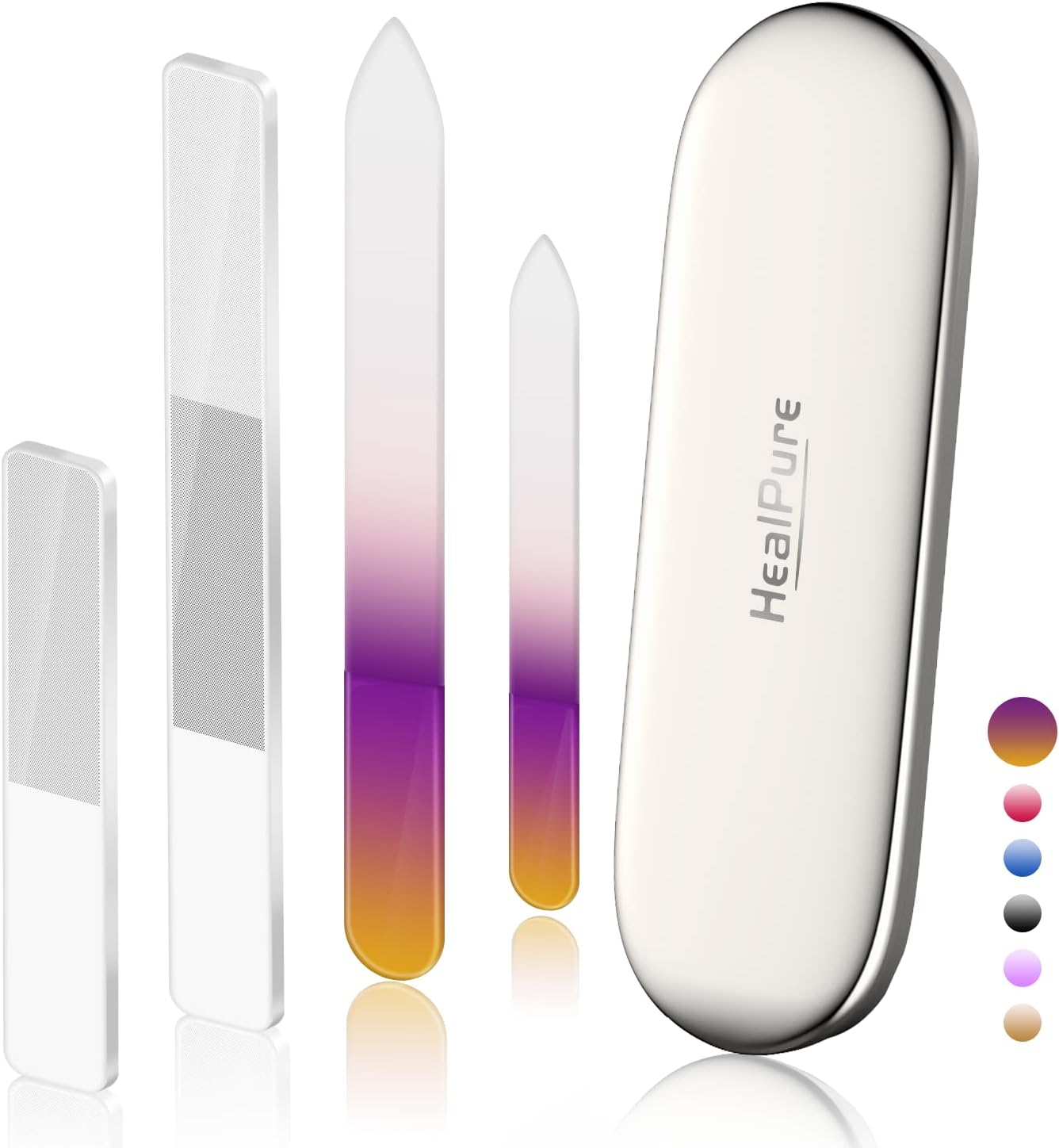 Glass Nail File and Nail Shiner, 4PC Crystal Nail File and Nano Glass Nail Buffer, Premium Set with Case, Professional Manicure Tool Fingernail Czech File for Natural Nail, Gift for Women and Girls