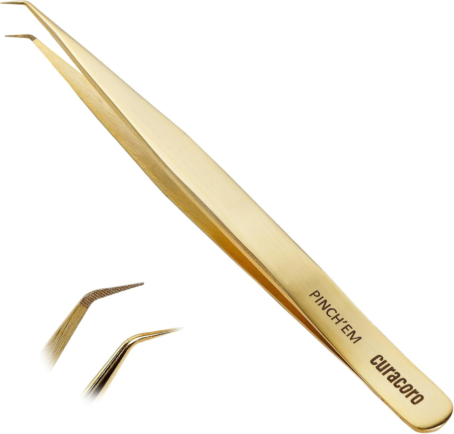 Curacoro Lash Tweezer - Professional & Precision Fiber Tip Grip Lash Tweezers for Eyelash Extensions, Multi Shapes & Purposes Tweezers for Volume, Isolation & Classic Lashes (Gold, Pinch'em)