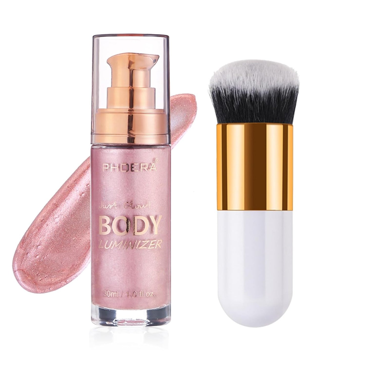 Body Shimmer Oil, Waterproof Long Lasting Moisturizing Bronze Body Luminizer Glow For Face & Body, Liquid Illuminator Body Highlighter 1oz/Jars, Makeup Brush Include (Sparkle Pink #04)