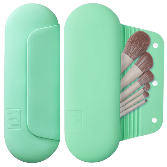 Silicone Makeup Brush Holder Travel Cosmetic Bag：Soft Portable Cosmetic Face Brushes Holder with Upgrade Anti-Fall Out Magnetic Closure, Large Travel Makeup Brush Case - Green