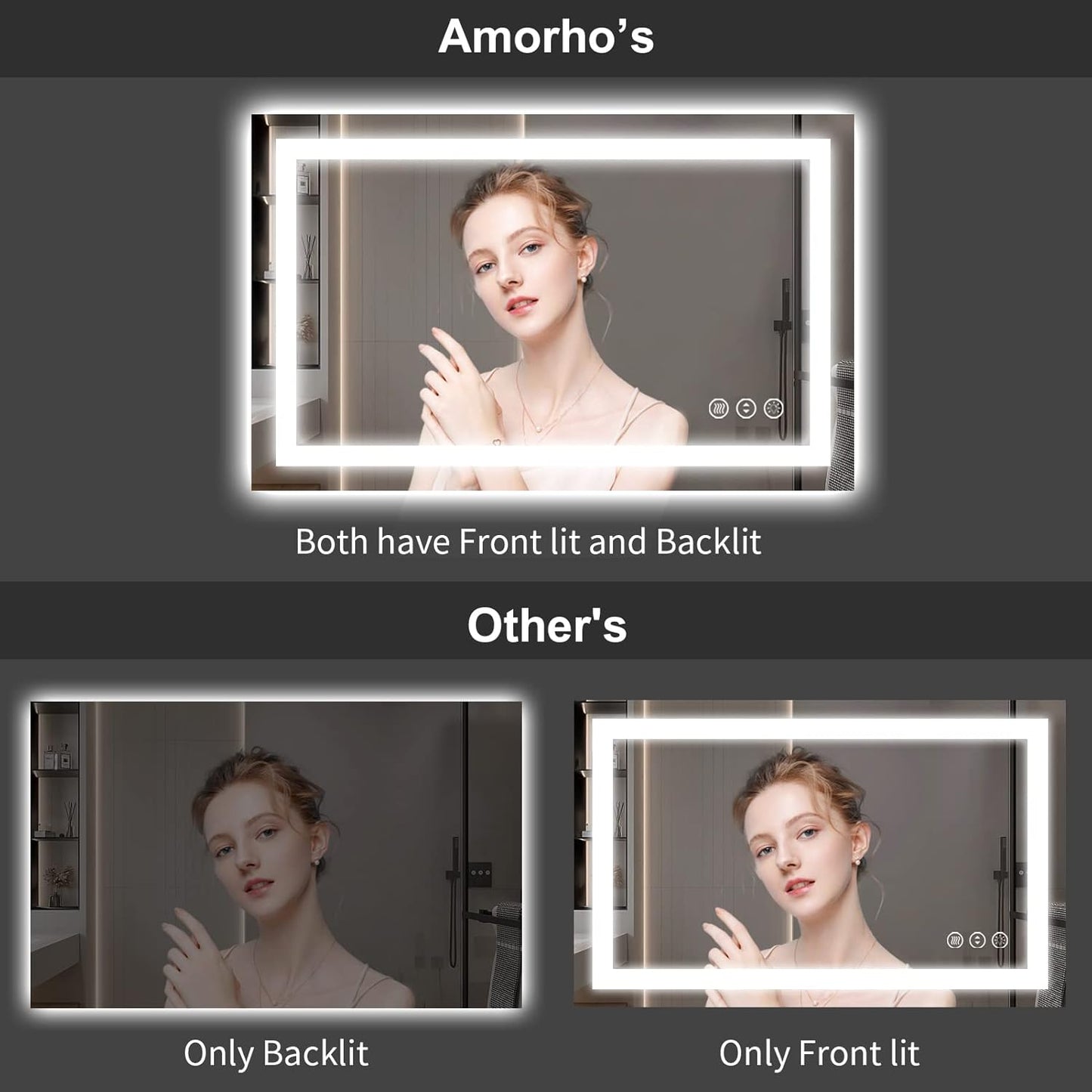 Amorho LED Bathroom Mirror 48''X40'' with Front and Backlit, Stepless Dimmable Wall Mirrors with Anti-Fog, Shatter-Proof, Memory, 3 Colors, Double LED Vanity Mirror, ETL Listed