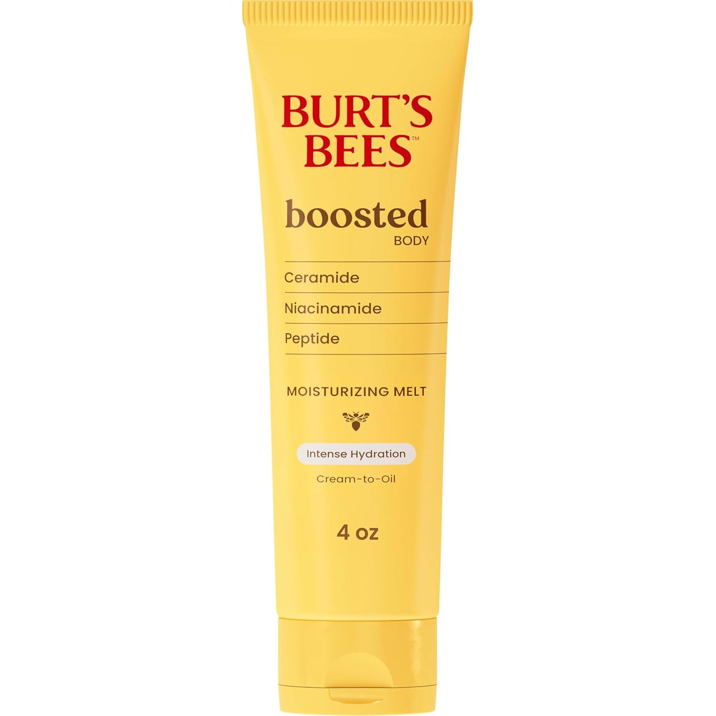 Burt's Bees Boosted Body Moisturizing Melt With a Ceramide, Niacinamide and Peptide Complex, Intense Skin Hydration, Cream-to-Oil Body Lotion Helps Support Skin Barrier, Tropical Scented, 4 oz. Tube