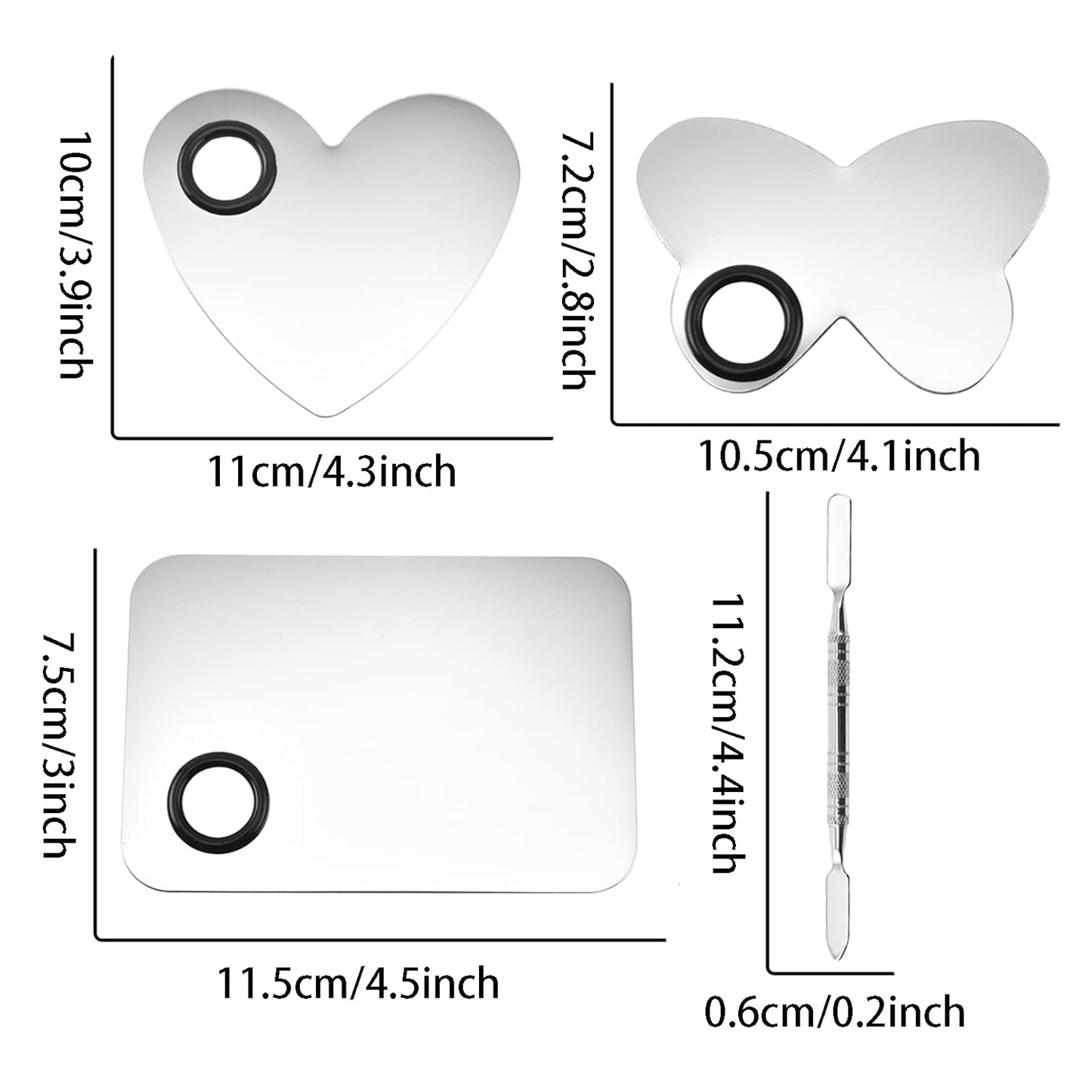 6 in 3 Set Makeup Mixing Palettes, 2 Pcs Stainless Steel Nail Art Palette with 2 Makeup Spatula for Foundation Makeup Tools Eyeshadow Nail Art (4 in 2 Silver Heart Rectangular)