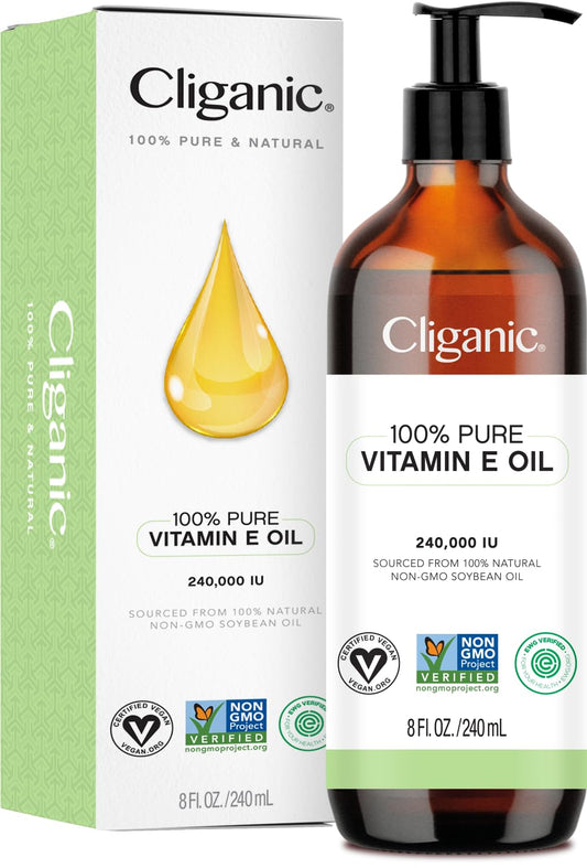 Cliganic Pure Vitamin E Oil for Skin, Scars, Hair & Face 240,000 IU (8oz), Non-GMO Verified | Natural D-Alpha Tocopherol