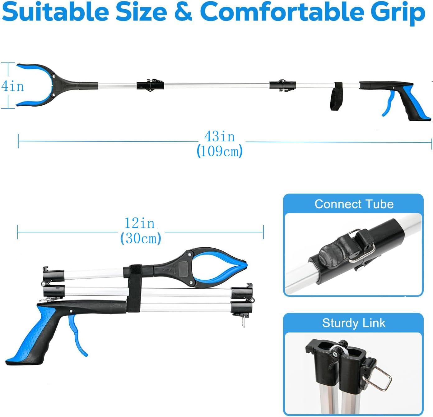 Grabber Reacher Tool - 43” Extra Long Foldable Gripper and Reaching Tool - Heavy Duty Pick Up Stick Grabbers for Seniors, Trash, Surgery Recovery Must Haves Gifts (Blue-43in)