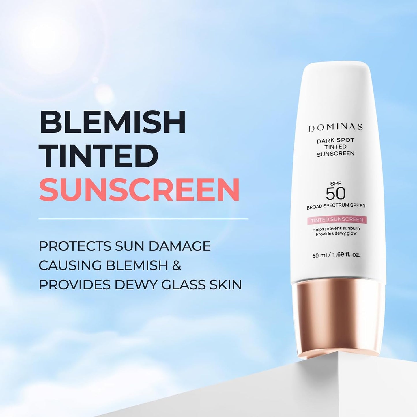 SPF 50 DOMINAS Tinted Sunscreen Moisturizer (1.7fl oz) - Tone Correction, Korean Skin Care, Broad-Spectrum UV Defense Sunblock, Water-in-Oil Formula for Lightweight, Panthenol, Sun Cream