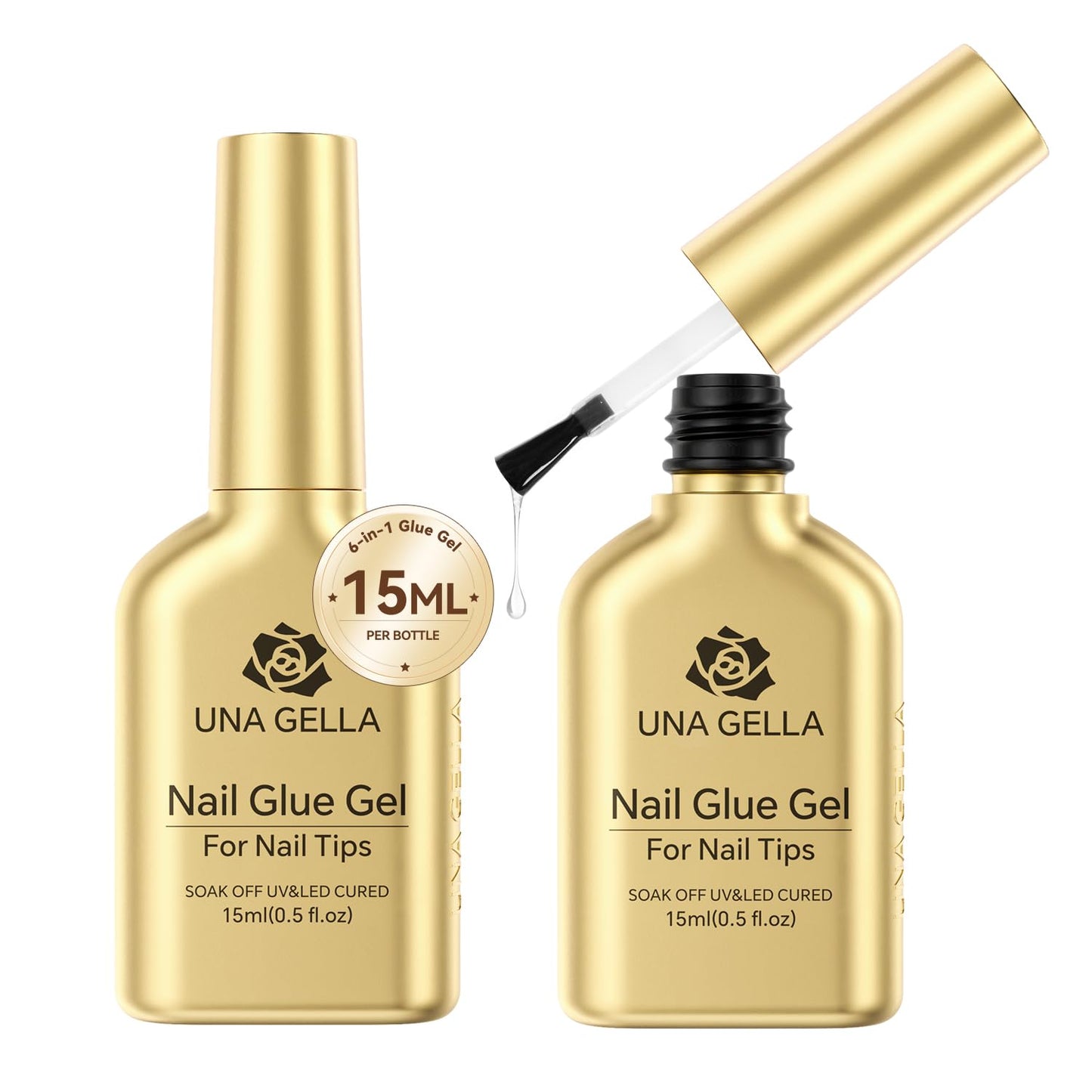 UNA GELLA 6 in 1 UV Gel Nail Glue for Clear Soft Gel Nails Tips, 2Pcs 15ml Lamp Curing Needed Long Lasting Super Strong Brush UV Nail Glue for Fake Tips and Clear Press on Nails