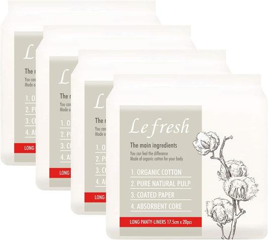 Lefresh Organic Cotton Cover Panty Liners | Long, 80 Count | Unscented - Vegan - Chlorine Free - Daily Feminine Pads - Light Absorbency