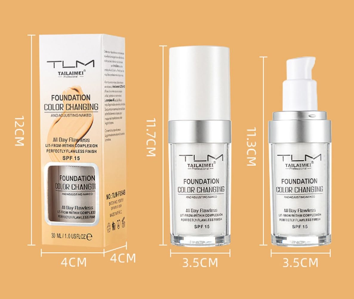 TLM Foundation Color Changing,TLM Colour Changing Liquid Foundation Hides Wrinkles & Lines,BB Cream Makeup Base Concealer Cover Moisturizing Fluid for all Skin Tone SPF15(30ML)