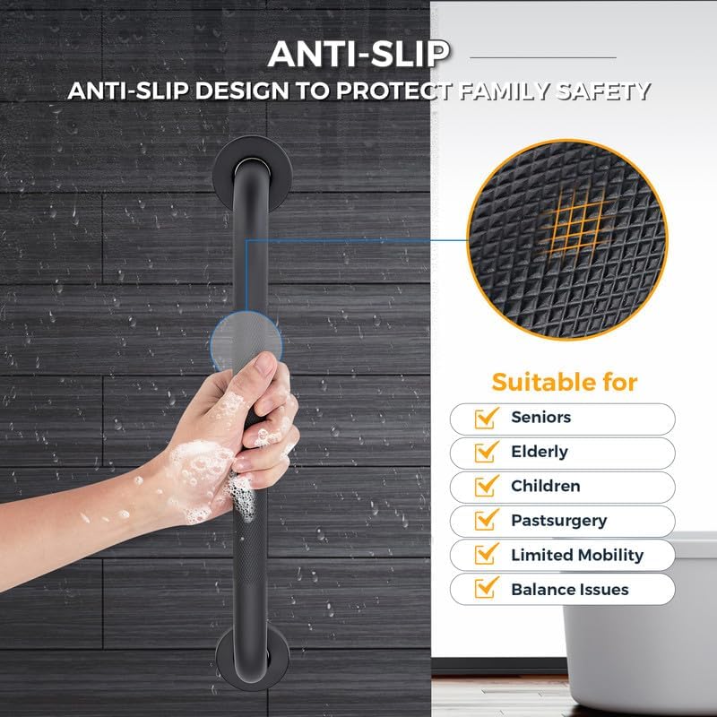 Grab Bars for Shower, 2 Pack 18-Inch Anti Slip Shower Handles for Elderly, Safety Shower Grab Bar, Stainless Steel Handicap Grab Bars for Bathroom (Black 1" Diameter)