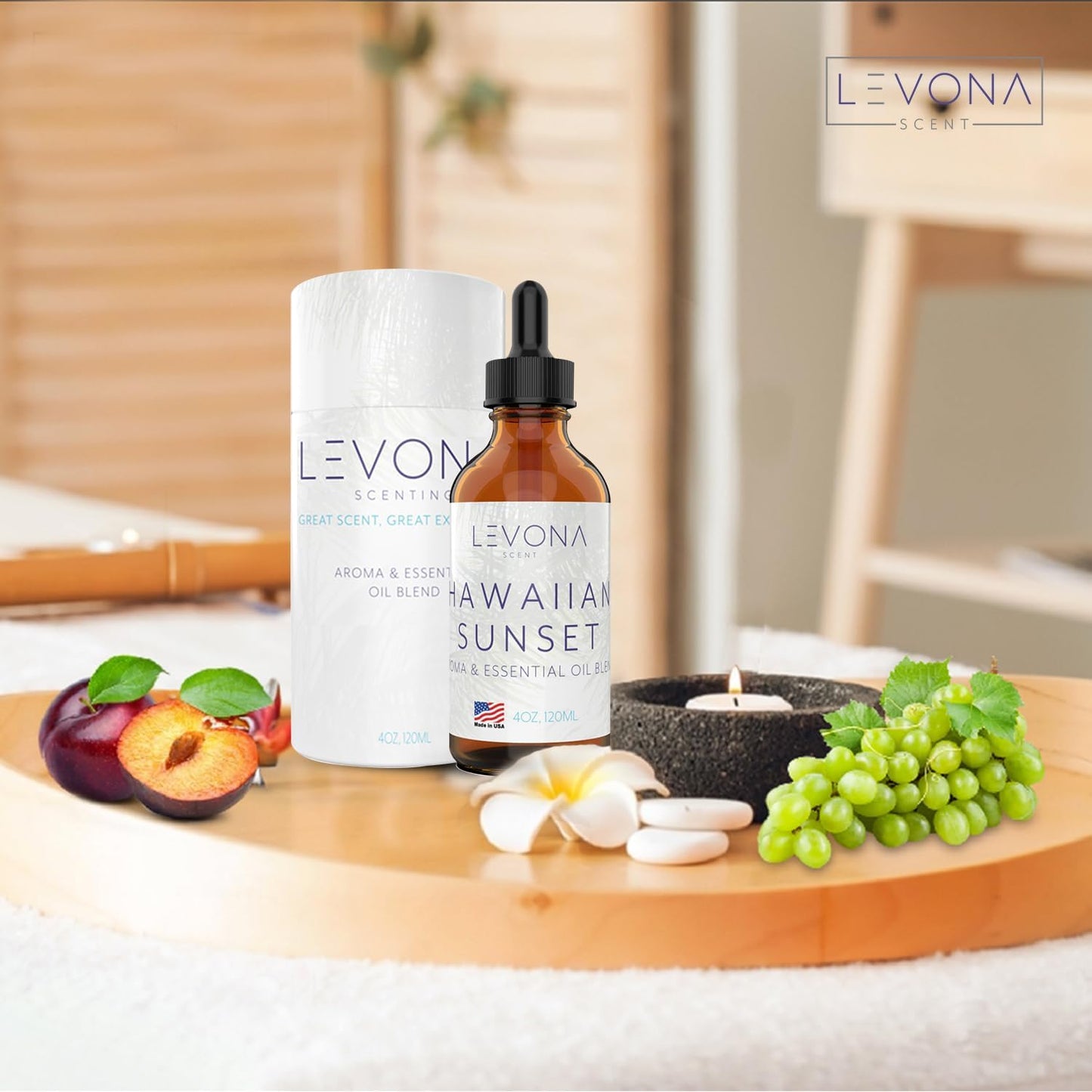 Levona Scent Essential Oils - Scents for Home, Hotel & Office Use - Perfect for Home Diffuser & Humidifiers - Aroma Fragrance Oil, Ideal for Massage, Relaxation, and Spa - Hawaiian Sunset, 120ml