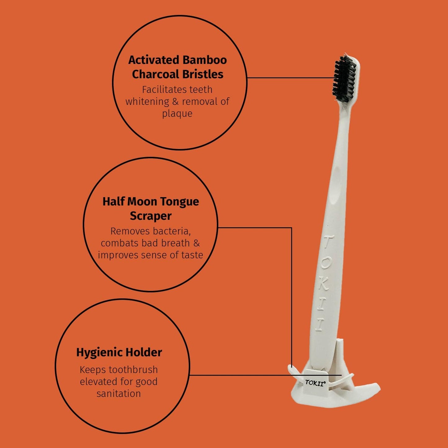 TOKII Tongue Scraper Cleaner Charcoal Bristles Toothbrush for Bad Breath with Waterproof Pouch for Travel, Hygienic Stand and Enviromentally Friendly (White, Pack of 1)