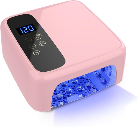 Interchangeable Light Panel & Battery - Cordless Rechargeable 72W UV LED Nail Lamp with Metallic Reflector & Base, Professional Salon-Grade Wireless Gel Nail Dryer Fast Curing Light (Pink)